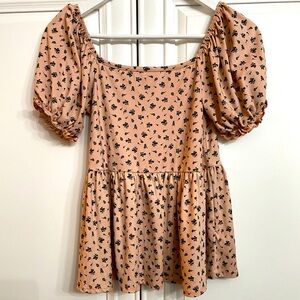 Gaze Womans Size Small Short Sleeve Pink and  Black Babydoll Top Square Neckline